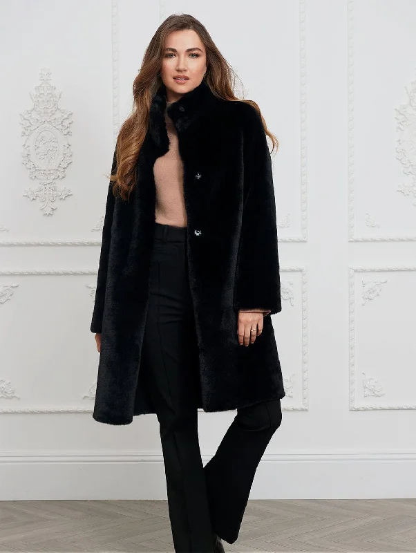 women's belted coats -Jackie Recycled Vegan Faux Fur Shearling Coat | Black