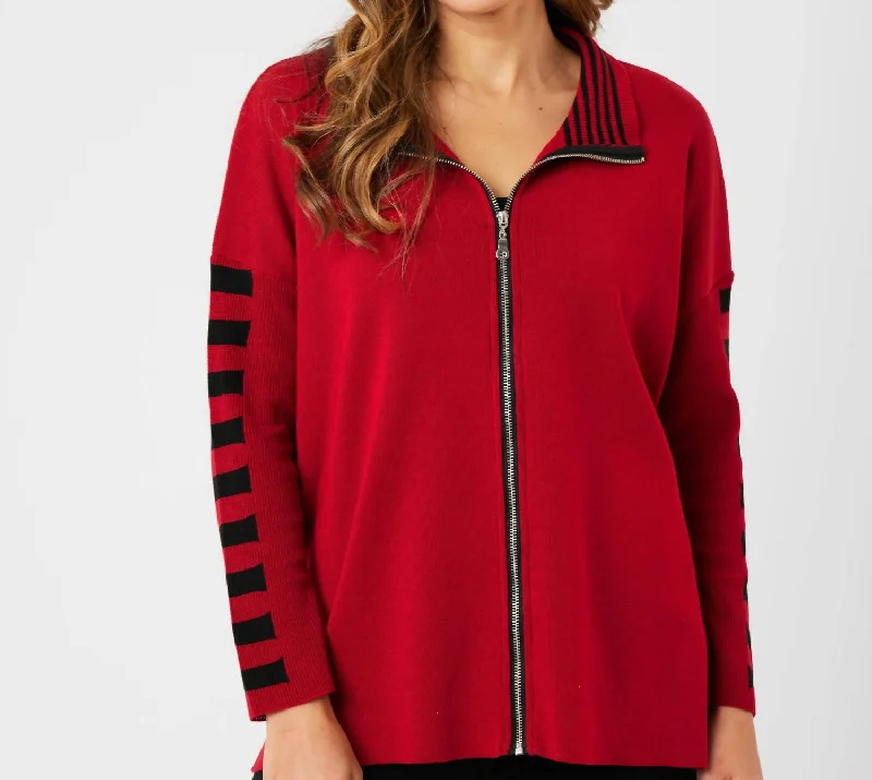 chic long jackets for women -Stripe Sleeve Zip Jacket In Red/black