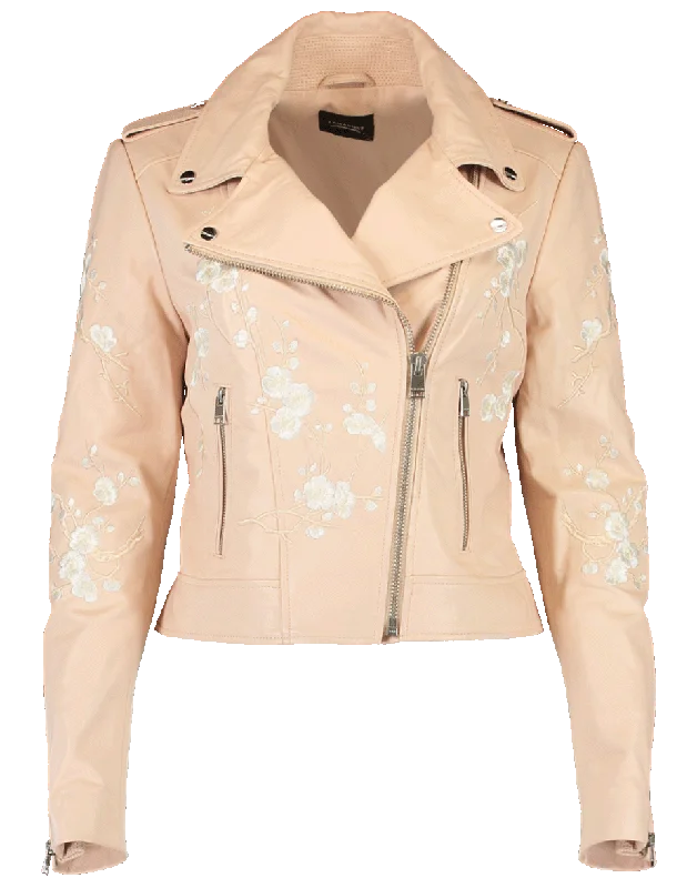 denim jackets for women -Donna Floral Leather Jacket