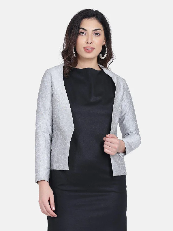 stylish short coats for women -Dupioni Open Front Jacket - Silver Grey