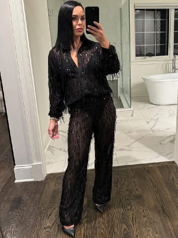 women's high-waisted pants -Tassel See Through Blouses Trouser Sets