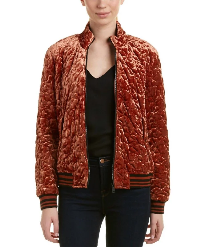 women's padded trench coats -Quilted Velvet Bomber Jacket In Brown