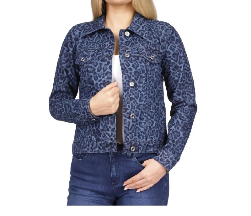 casual wool jackets for women -Button Up Spread Collar Animal Print Denim Jacket In Dusk Blue Wash