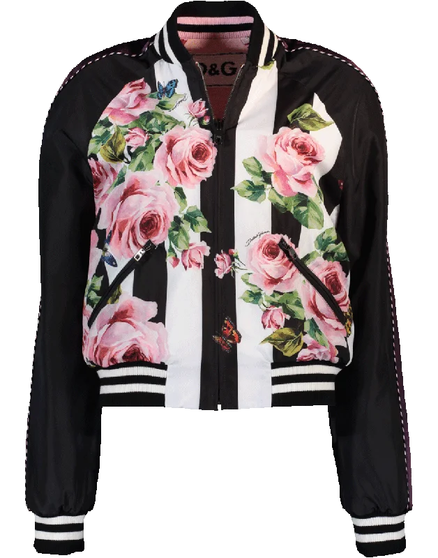 sporty winter jackets for ladies -Floral And Striped Reversible Bomber Jacket