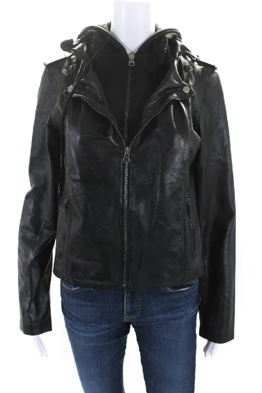 women's fleece-lined coats -JKT Womens Solid Black Full Zip Hooded Long Sleeve Leather Jacket