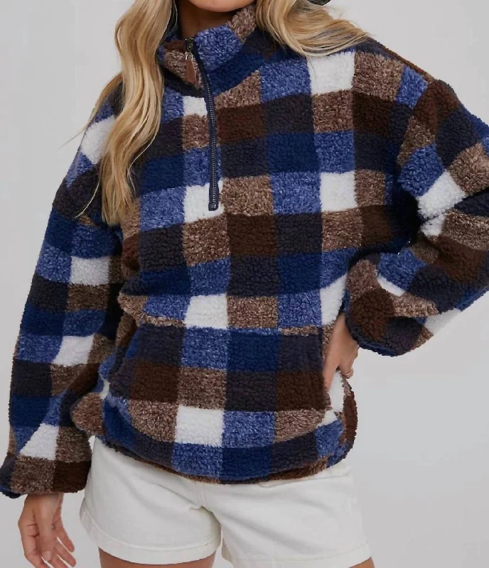 peacoats for women -Half-Zip Sherpa Pullover In Plaid Print