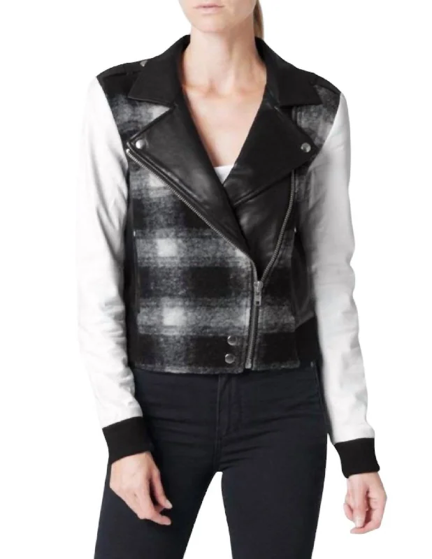 ladies' leather trench coats -Shelley Leather Wool Blend Plaid Moto Jacket In Black, White