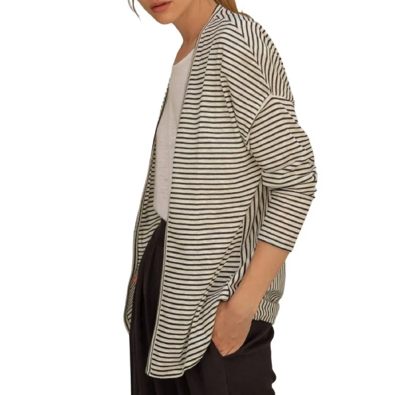 ladies' trench coats -Linen Stripe Front Open Jacket In Black/white