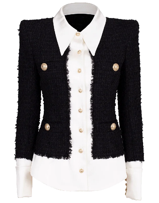 casual wool jackets for women -Tweed and Satin Shirt Jacket