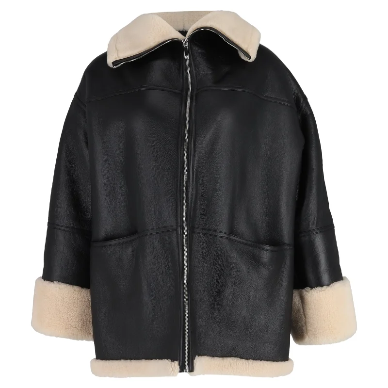 windproof jackets for women -Totême Two-tone Shearling Zipped Jacket in Black Leather