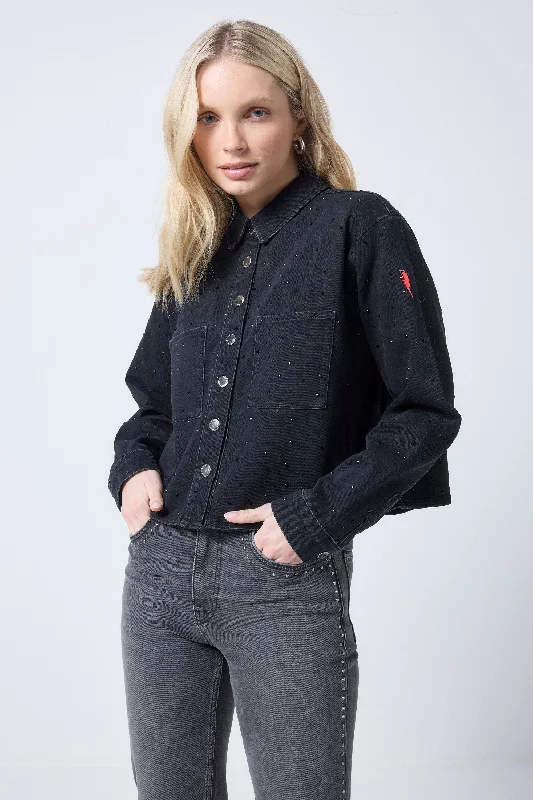 stylish short coats for women -Black Embellished Denim Shacket