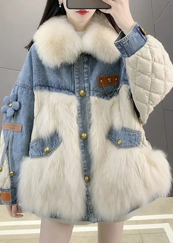 fashion jackets for women -Beige Fox collar Denim Patchwork Button Down Coats Winter