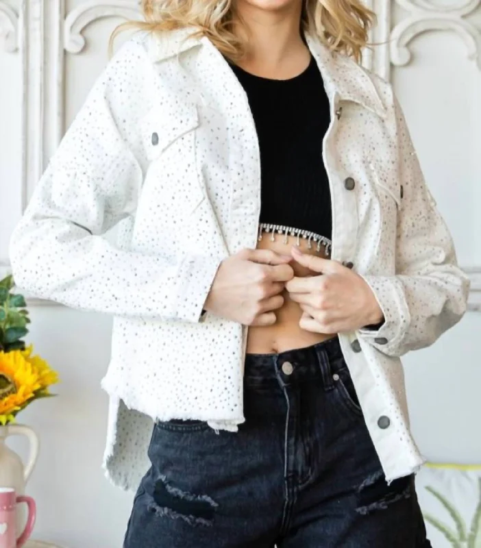 women's down jackets -Sparkle Denim Jacket In White