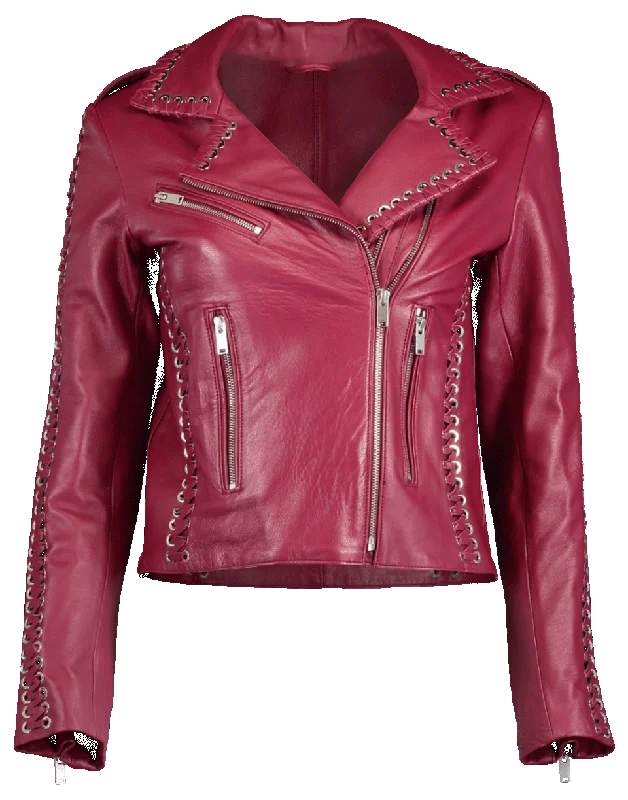 ladies' parka coats -Whipstitch Vinyl Leather Jacket