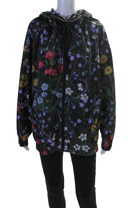 women's cozy coats -Gucci Womens Floral Print Full Zipper Rain Jacket Black