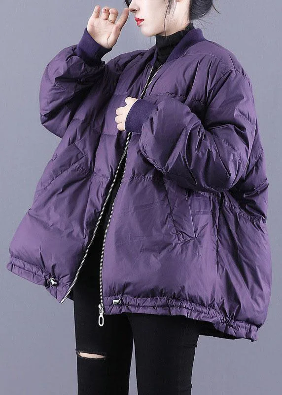 women's cocoon coats -Luxury Purple Zippered Pockets Drawstring Winter Down Coats Long sleeve