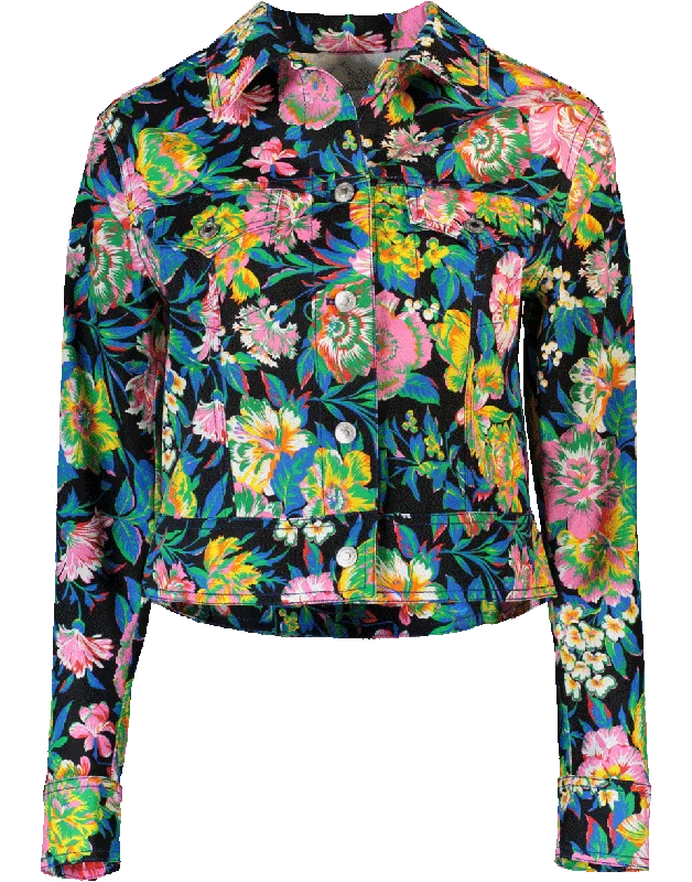 women's cocoon coats -Floral Cropped Denim Jacket