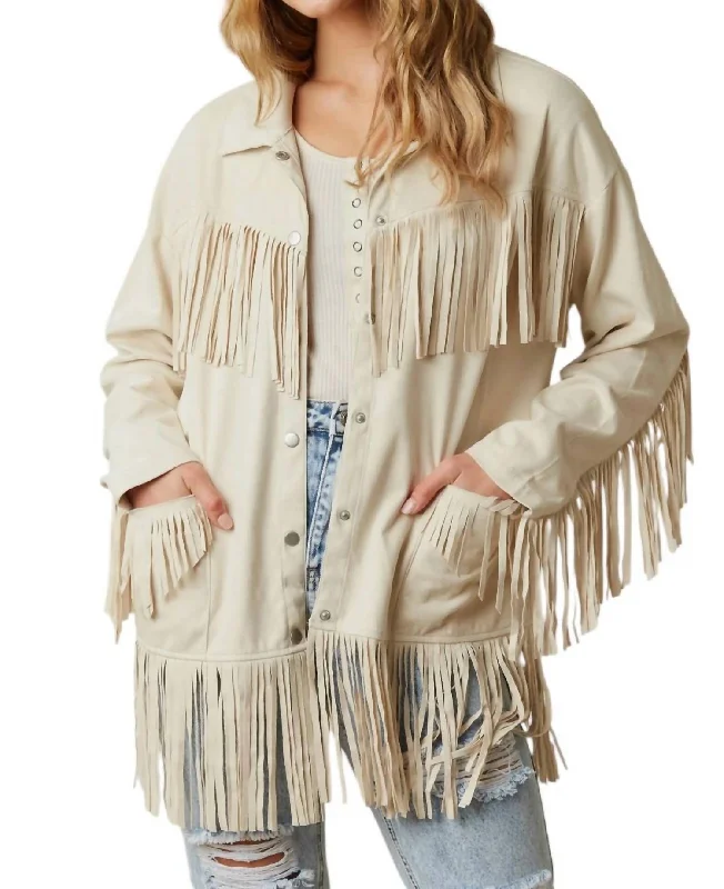 plus size winter coats for women -Suede Fringe Jacket In Cream