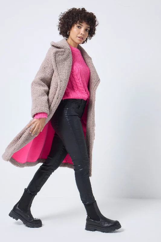 cozy winter jackets for women -Stone Longline Teddy Coat