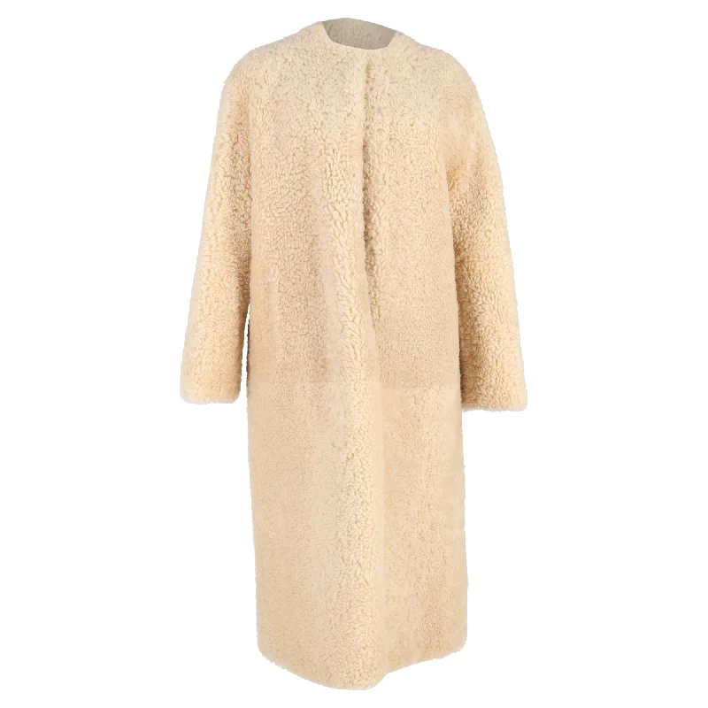 soft shell jackets for women -Chloé Belted Collarless Shearling Coat in Beige Lamb Fur