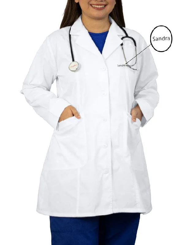 stylish outerwear for women -Free Embroidery Heedfit Women's Two Pocket 35 Inches White Medical Lab Coat