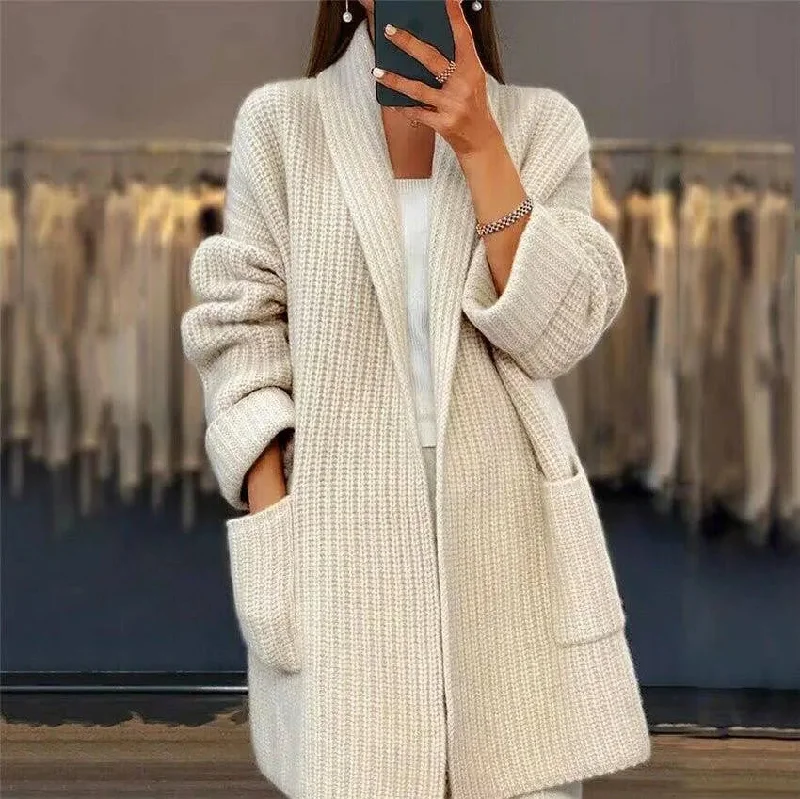 ladies' wool trench coats -Lapel Knitted Cardigan With Pockets Fashion Casual Loose Sweater Jacket Fall Spring Women's Clothing