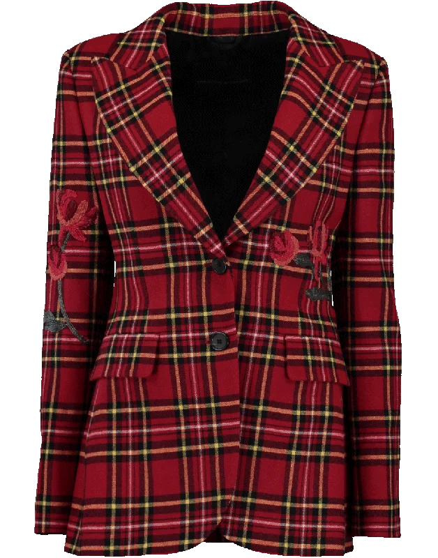 cozy winter jackets for women -Flower Embroidered Plaid Jacket