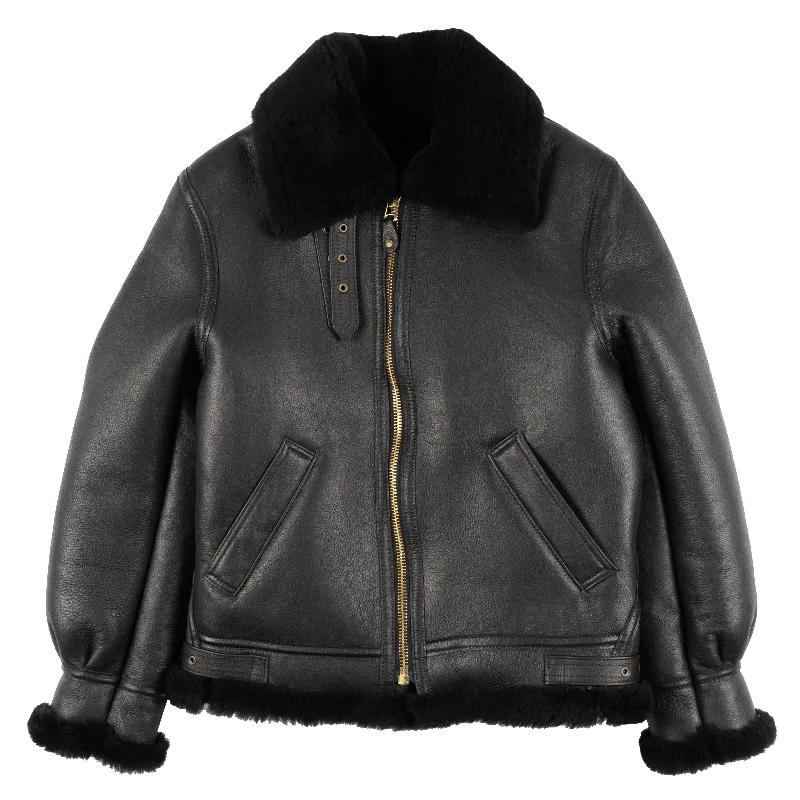 women's winter coats -257S - Classic B-3 Sheepskin Leather Bomber Jacket - Ebony