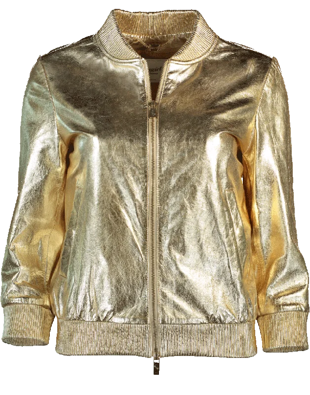 stylish puffer jackets for ladies -Metallic Leather Jacket