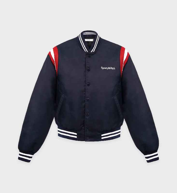 classic trench coats for women -Serif Logo Varsity Jacket - Navy/White/Red