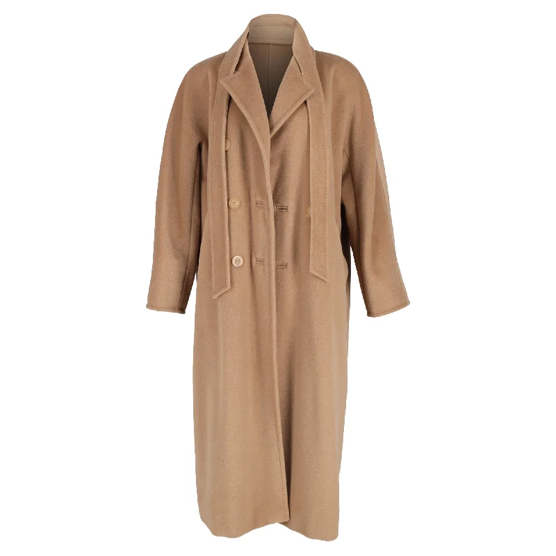 women's rain jackets -Max Mara Madame Belted Double-Breasted Coat in Brown Wool