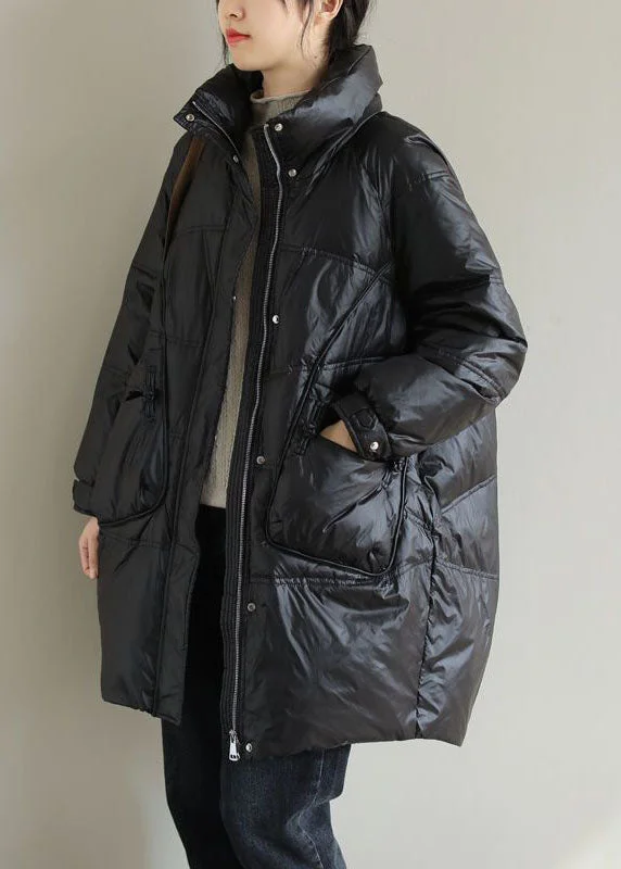 elegant double-breasted jackets for women -Black Thick Duck Down Down Coat Stand Collar Oversized Pockets Winter