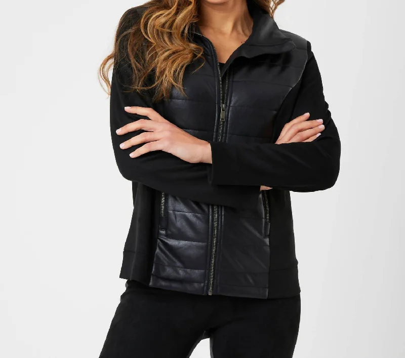 elegant puff jackets for women -Vegan Leather/suede Quilted Jacket In Black