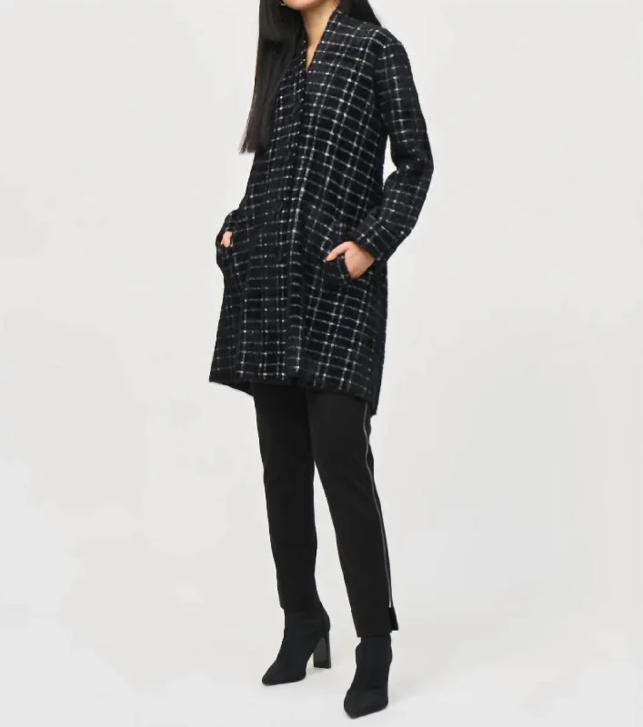 hooded winter coats for women -Plaid Feather Yarn Sweater Coat In Black And White