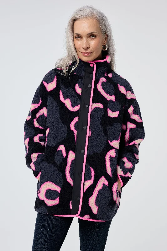 plus size winter coats for women -Navy with Pink Mega Shadow Leopard Button Through Fleece Jacket