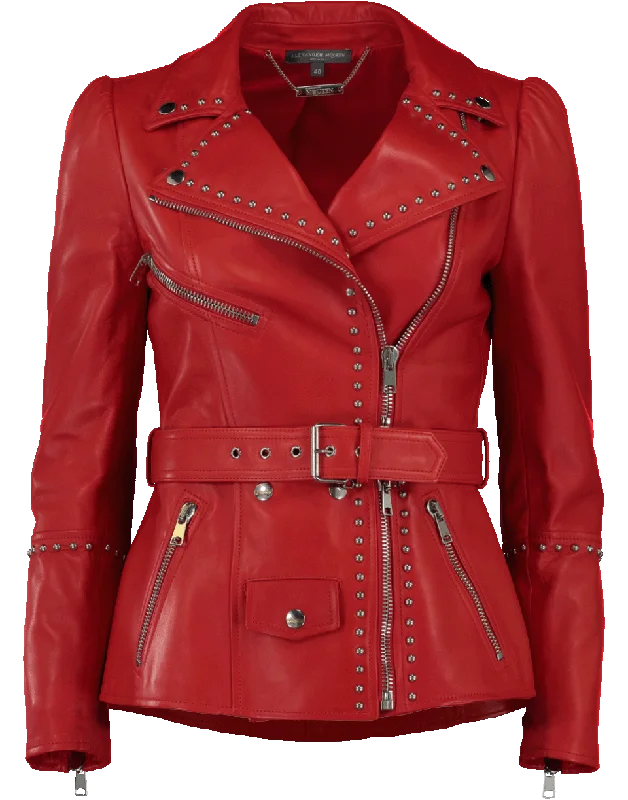 women's fleece-lined coats -Studded Leather Jacket