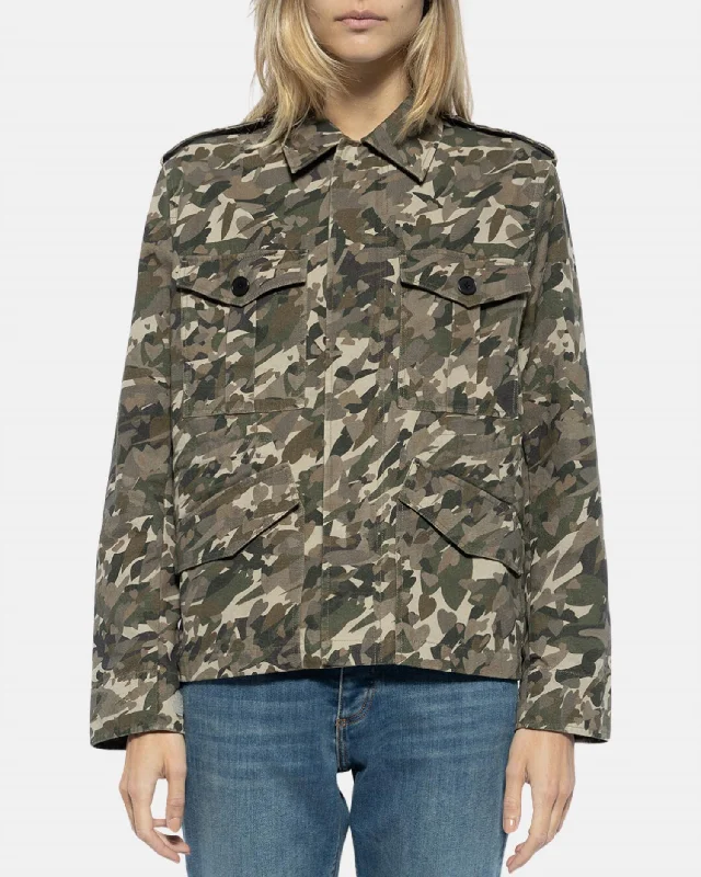 ladies' leather trench coats -Krisa Canvas Camo Jacket In Grass