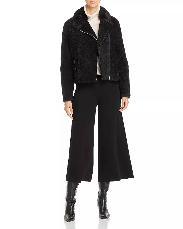 ladies' wool coats -Women's Lamb Shearling Short Moto Jacket In Black