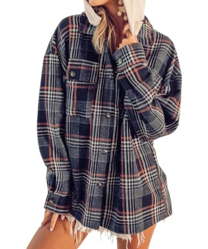 ladies' parka coats -Hooded Flannel Jacket In Black Multi