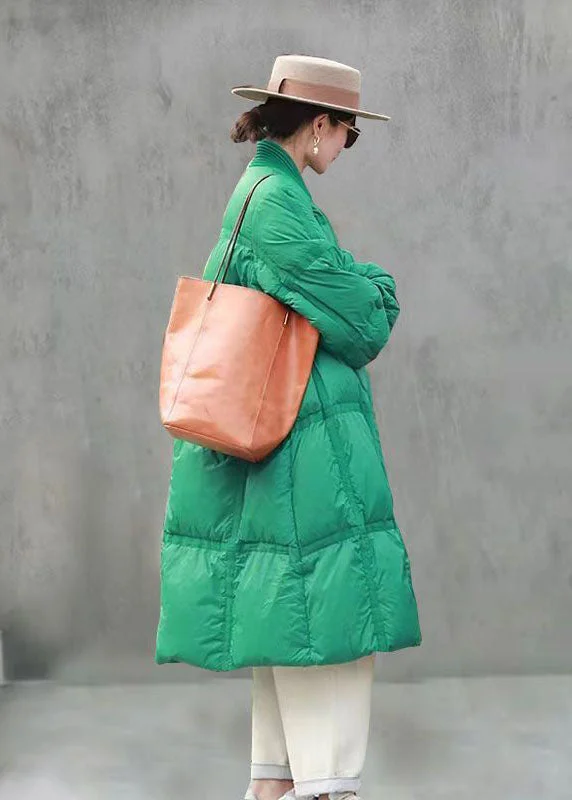 women's rain jackets -Boho Green V Neck Solid Thick Duck Down Down Jacket Winter