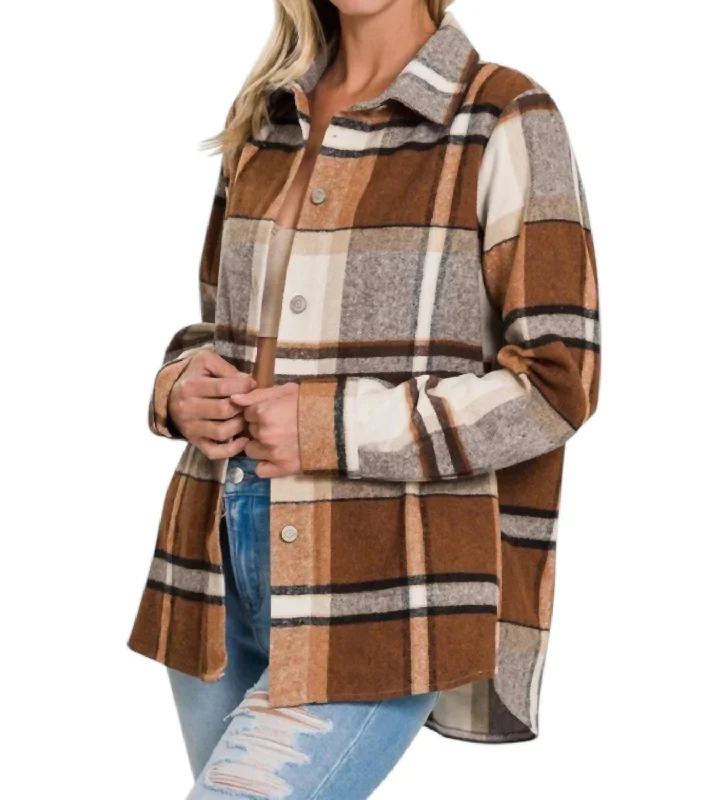 ladies' trench coat dresses -Yarn Dyed Plaid Shacket In Brown