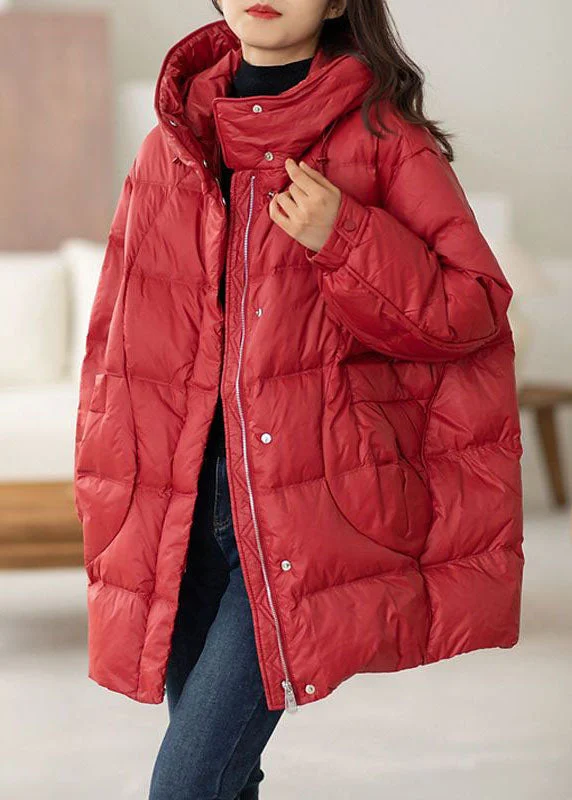 ladies' trench coat dresses -Classy Red Hooded Oversized Drawstring Duck Down Down Coat Winter