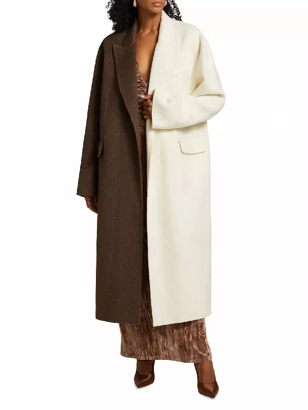 lightweight trench coats for women -Wendalin Bi-Colored Tailored Coat In Chocolate Brown Ivory