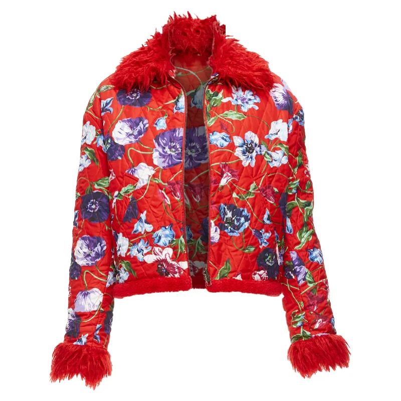 women's motorcycle jackets -Kenzo Memento Reversible Flower Print Faux Fur Crop Jacket