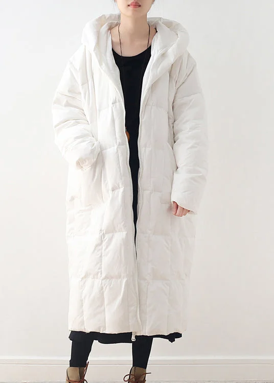 women's raincoats -Brief White Zippered Pockets Hooded Down Coat Long Sleeve