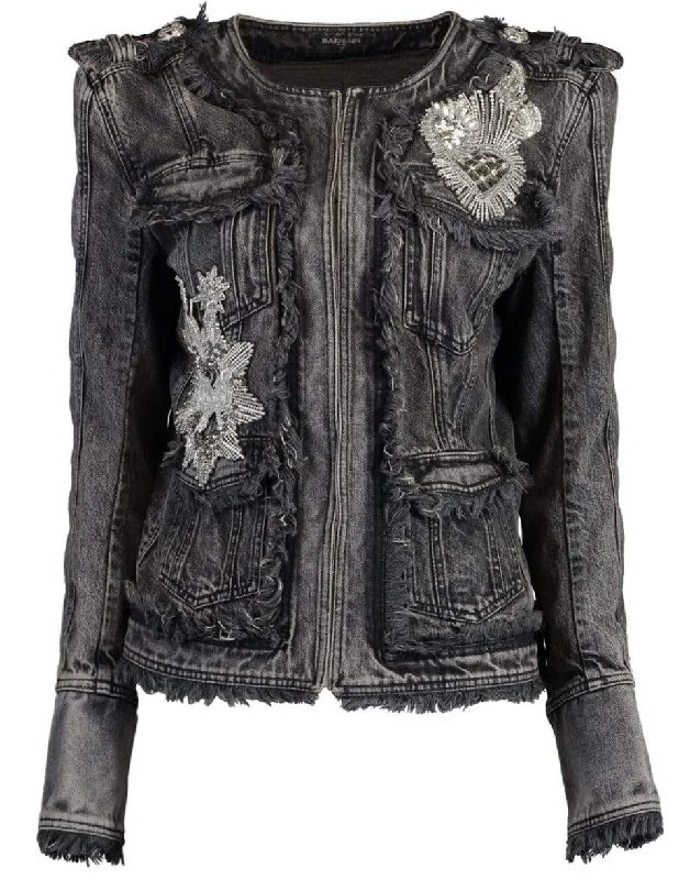 ladies' military coats -Collarless Embroidered Denim Jacket