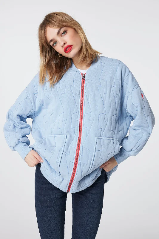 ladies' fur-lined coats -Blue Organic Cotton Quilted Lightning Bolt Oversized Bomber Jacket