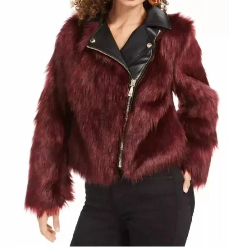 women's parkas -Long Sleeve Savage Faux Fur Moto Jacket In Love Bite Berry Multi