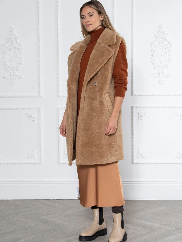 ladies' tailored winter coats -Weekend Rita Recycled Vegan Shearling Gilet | Camel