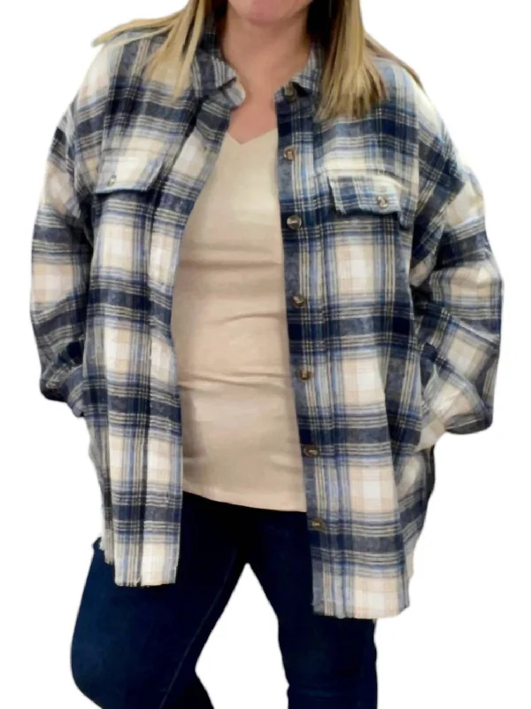 oversized coats for women -Plaid Shacket In Blue